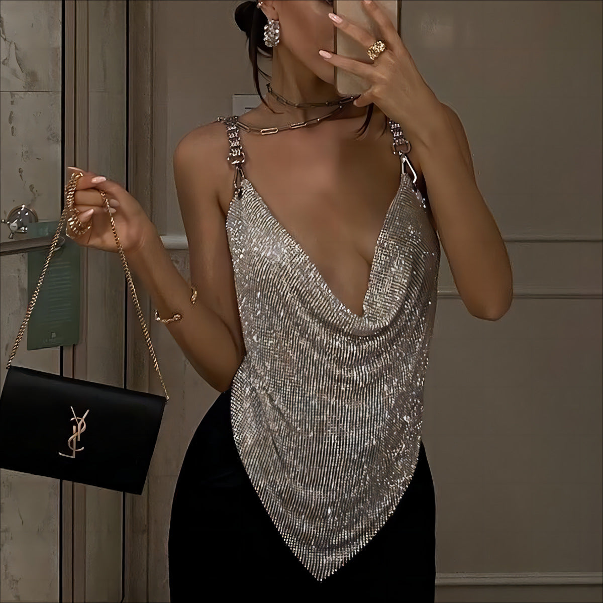 Metal Rhinestone Chain Sexy Suspenders Irregular Vest