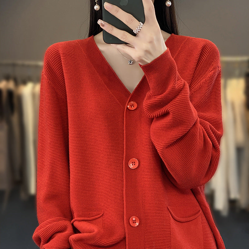 V-neck Solid Color Double Pocket Buckle 100 Cotton Thread Long Sleeve Lazy And Loose Casual Spring Knitted Cardigan For Women