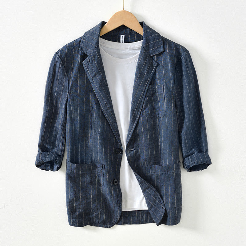 Sleeve Suit Jacket Men's Cotton And Linen Stripes Suit Jacket