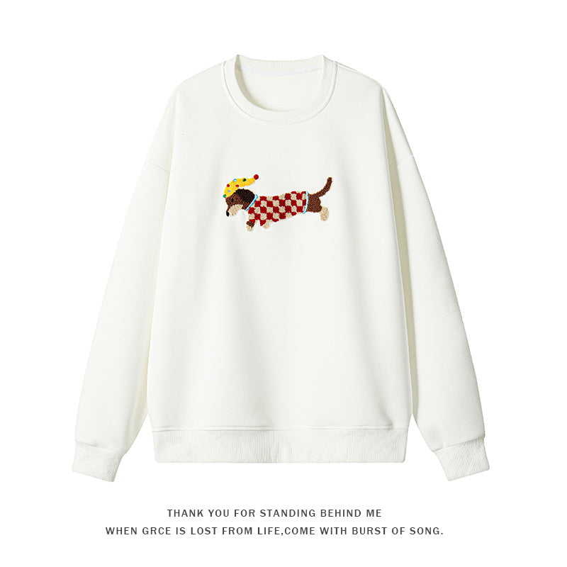Korean Style Fluffy Dachshund Towel Embroidery Pullovers New