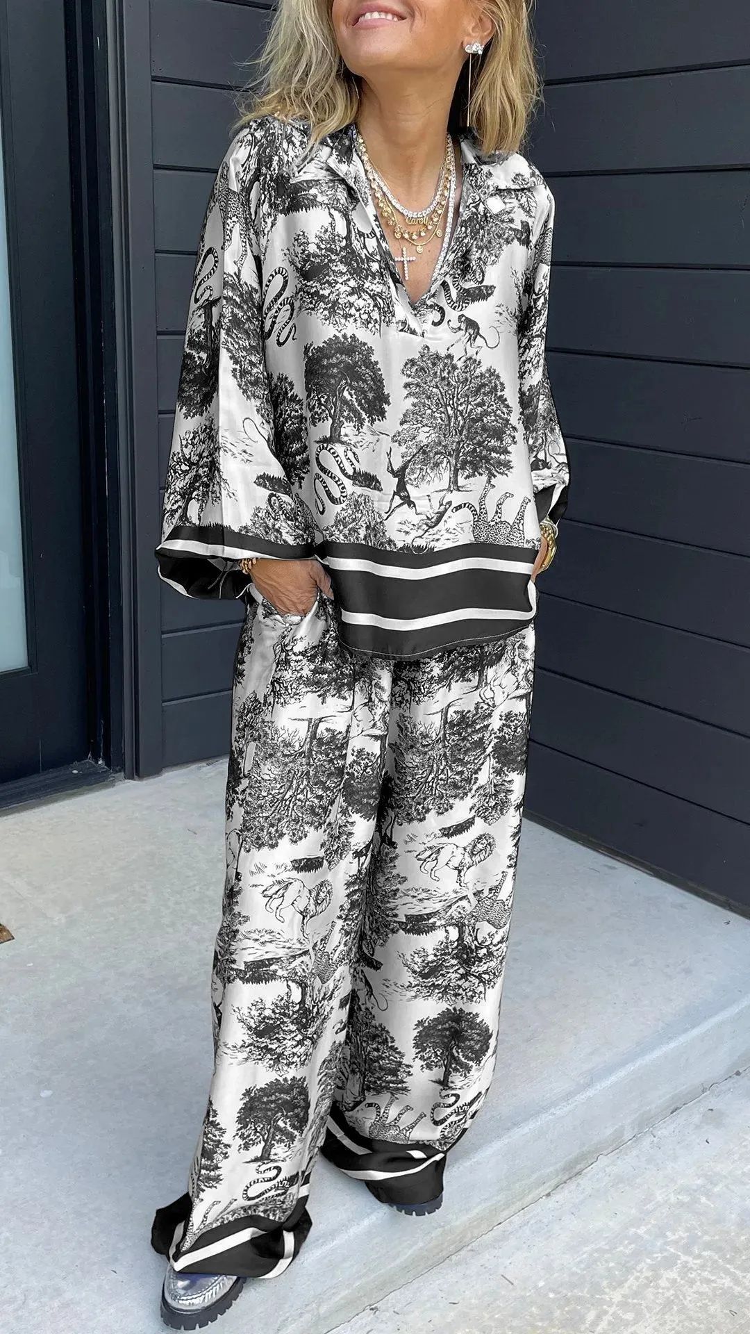 Expert V-neck Printed Long Sleeve Pocket Casual Women's Suit