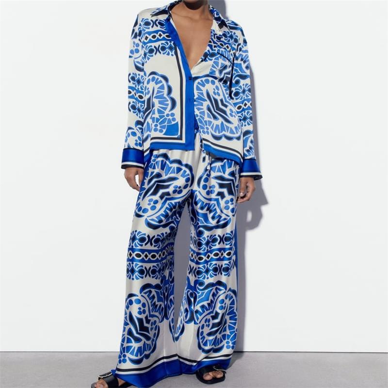 Spring New European And American Printing Drape Loose Shirt Elastic Waist Pajamas Wind Length Blouse And Pants