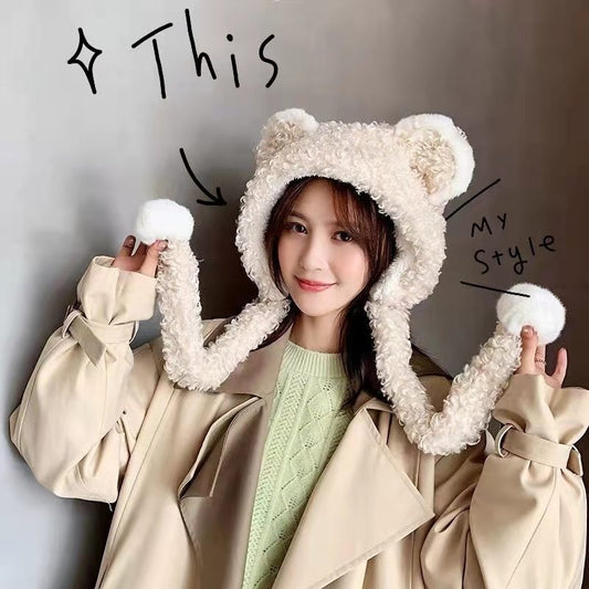 Cute All-match Women's New Warm Bear Hat And Scarf All In One