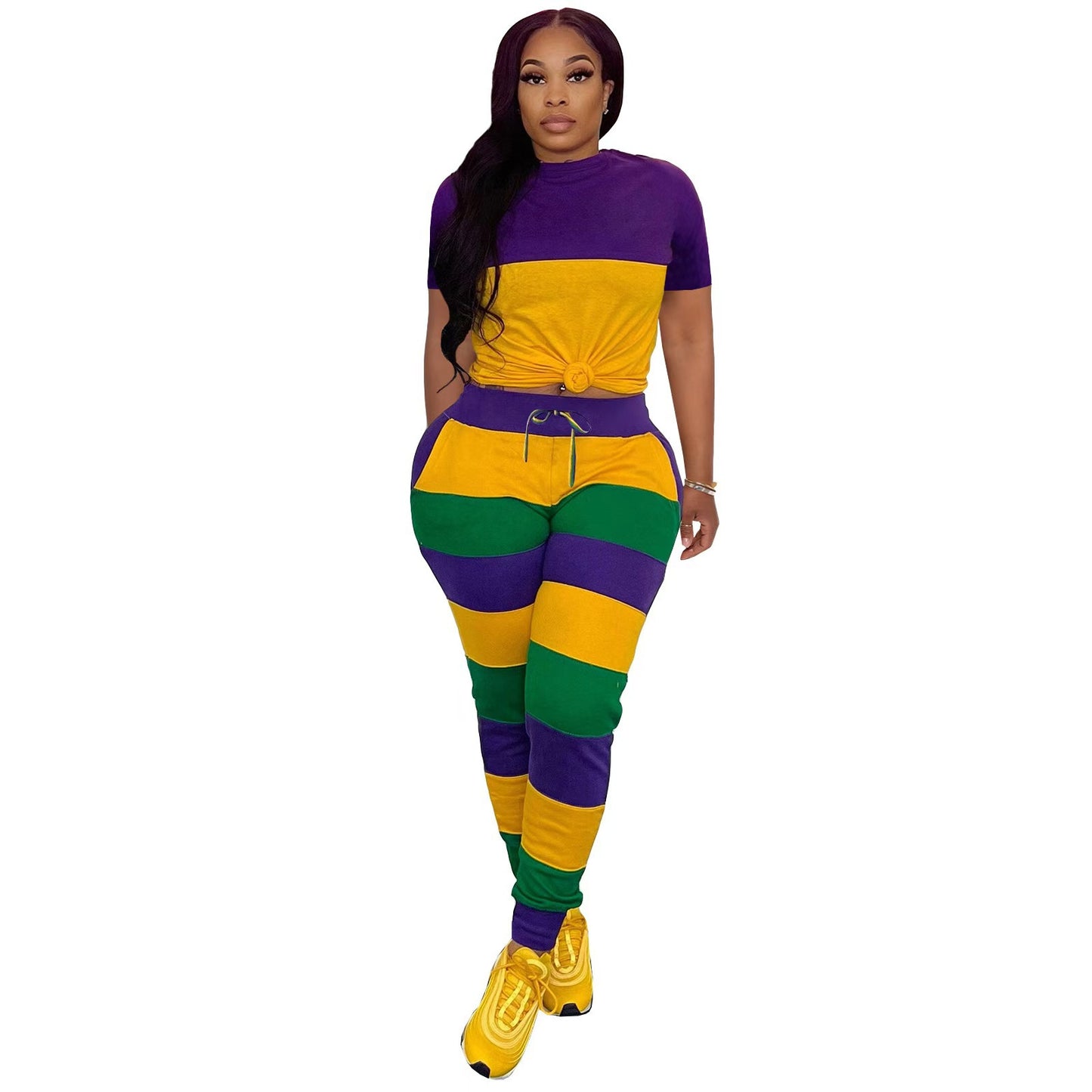 Striped Position-Printed Crew-Neck Short-Sleeve Pants Set