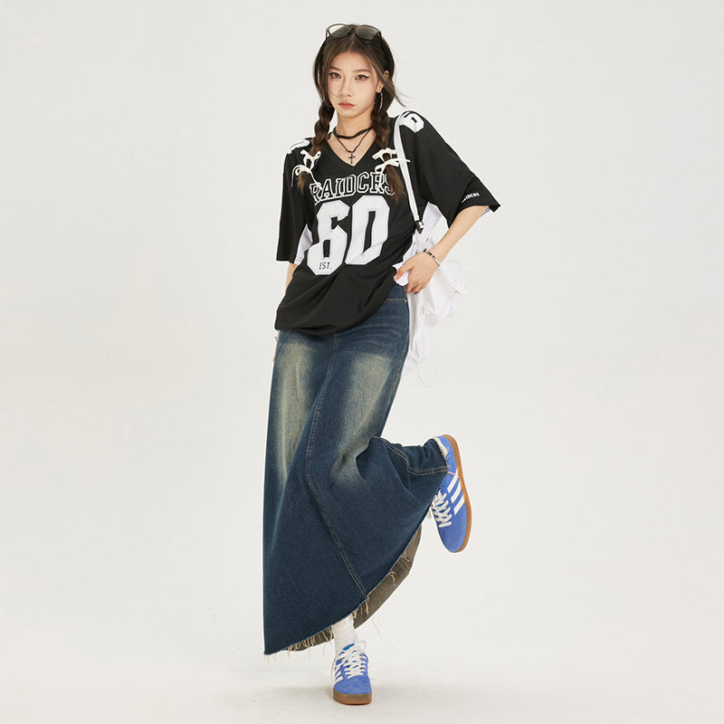 Women's Multi-colored Rough Edges Denim Skirt