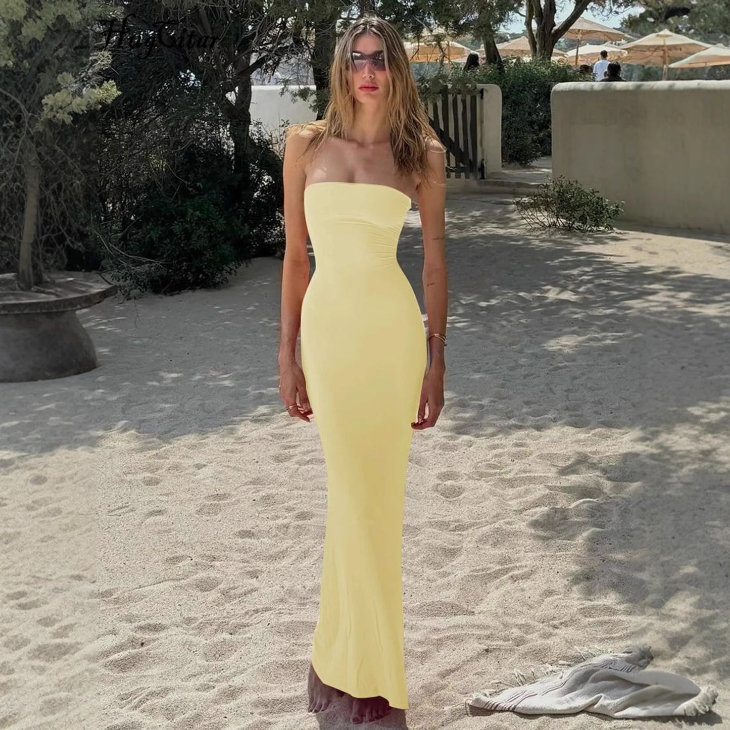Womens Solid-Color Strapless Sleeveless Backless Dress