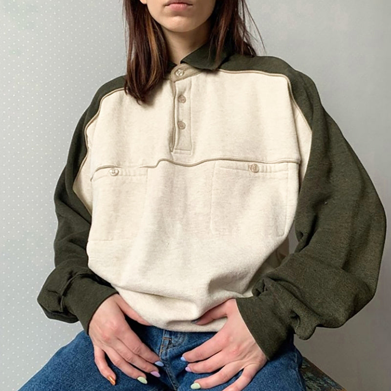 American Retro Pickle Green Stitching Lapel Sweater