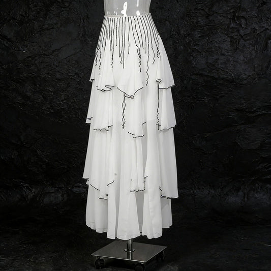 New Arrival Elegant Black And White Contrast Color Long Dress With Tiered Ruffle Hem For Women