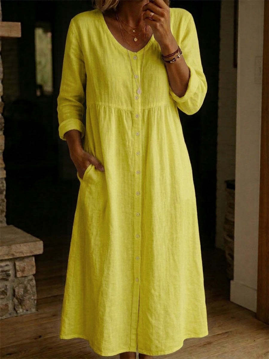 Fashionable Casual Loose Long-Sleeve Cotton-Linen Button-Up Womens Long Dress