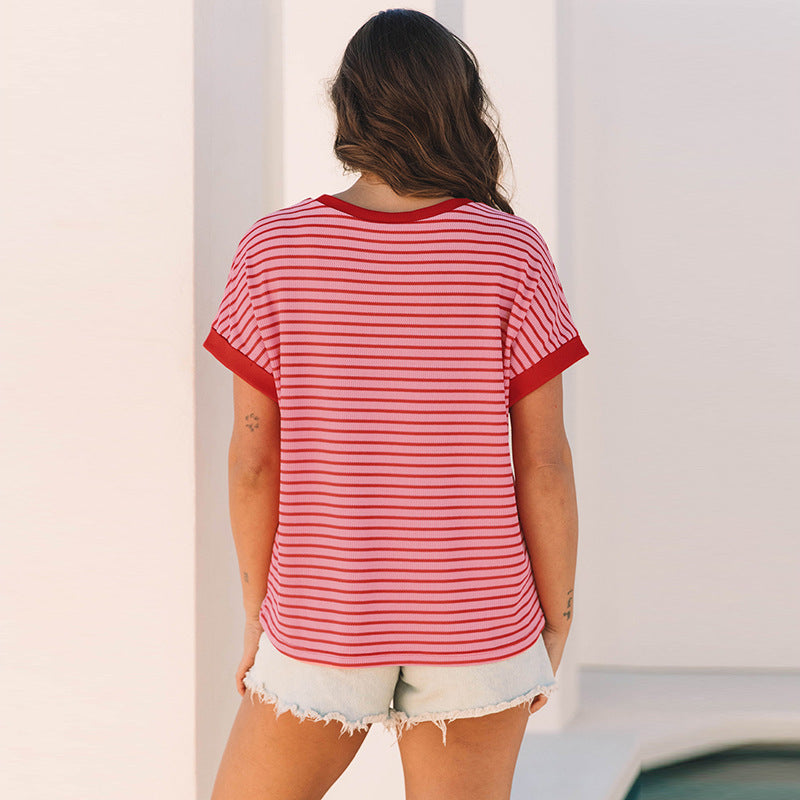 Women's Loose Striped Knitted Short-sleeved T-shirt