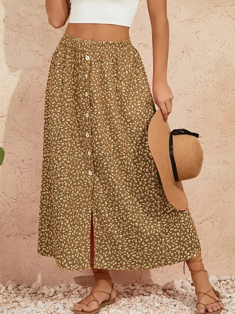 European And American Printed Breasted Self-tie Summer Pastoral A- Line Skirt Advanced Skirt