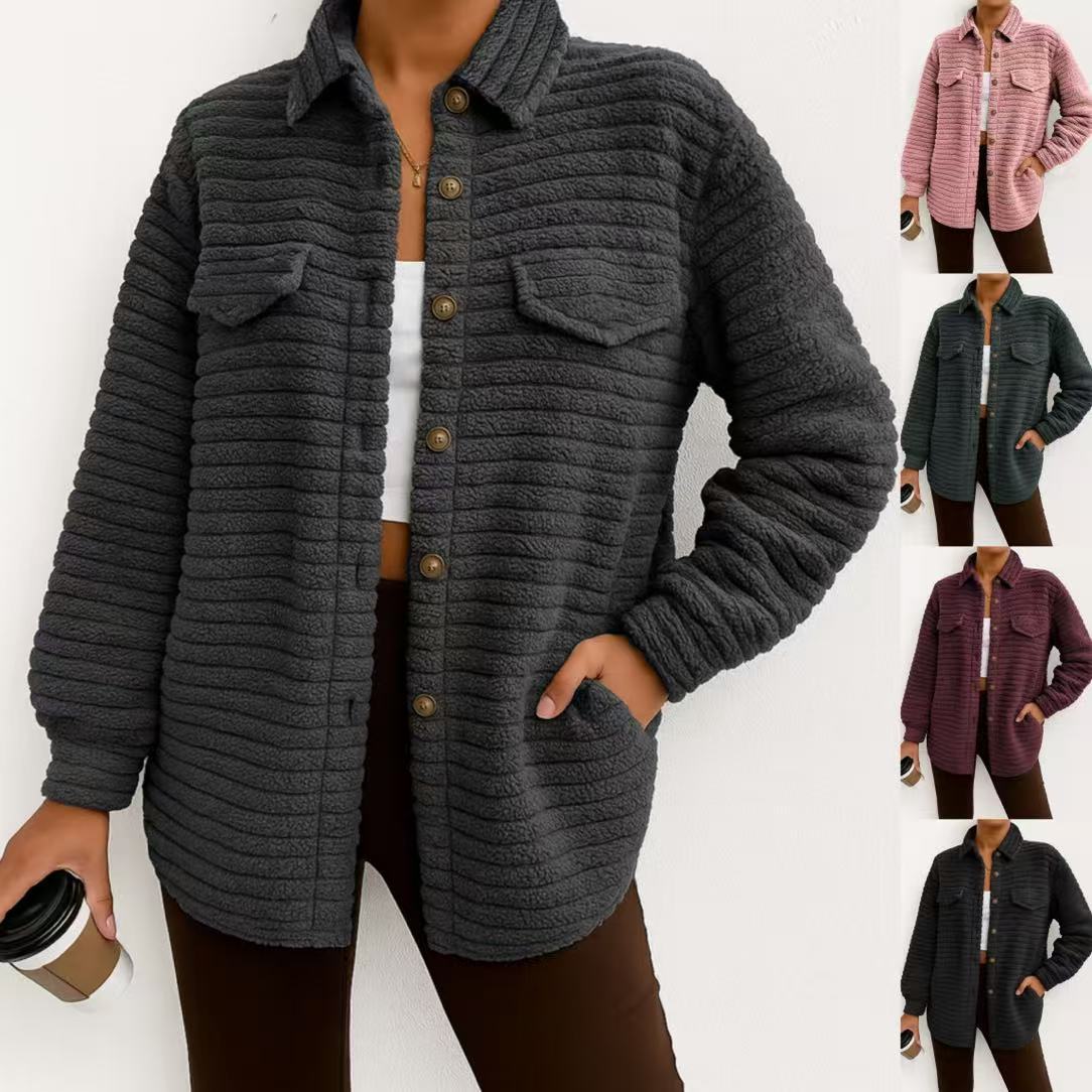 Casual Loose Fashion Striped Long Sleeves Cardigan Lapel Plush Coat