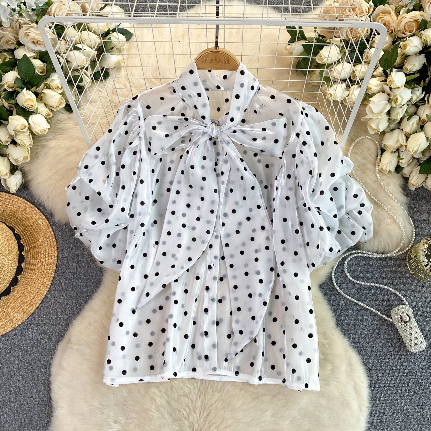French Style Retro Dots Shirt Female Sweet Bow Collar