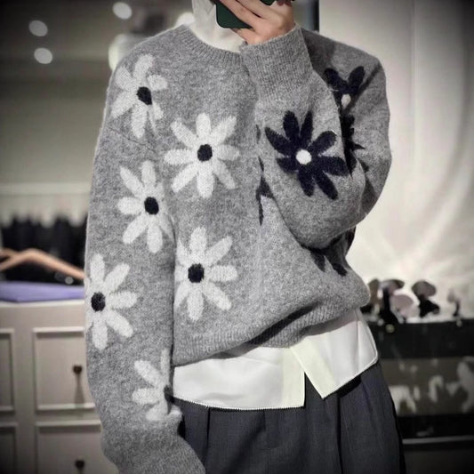 Round Neck Flower Western Style Soft Glutinous Loose And Lazy Style Pullover Sweater