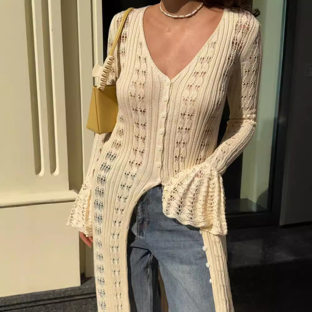 French Hollow Bell Sleeve Woolen Cardigan
