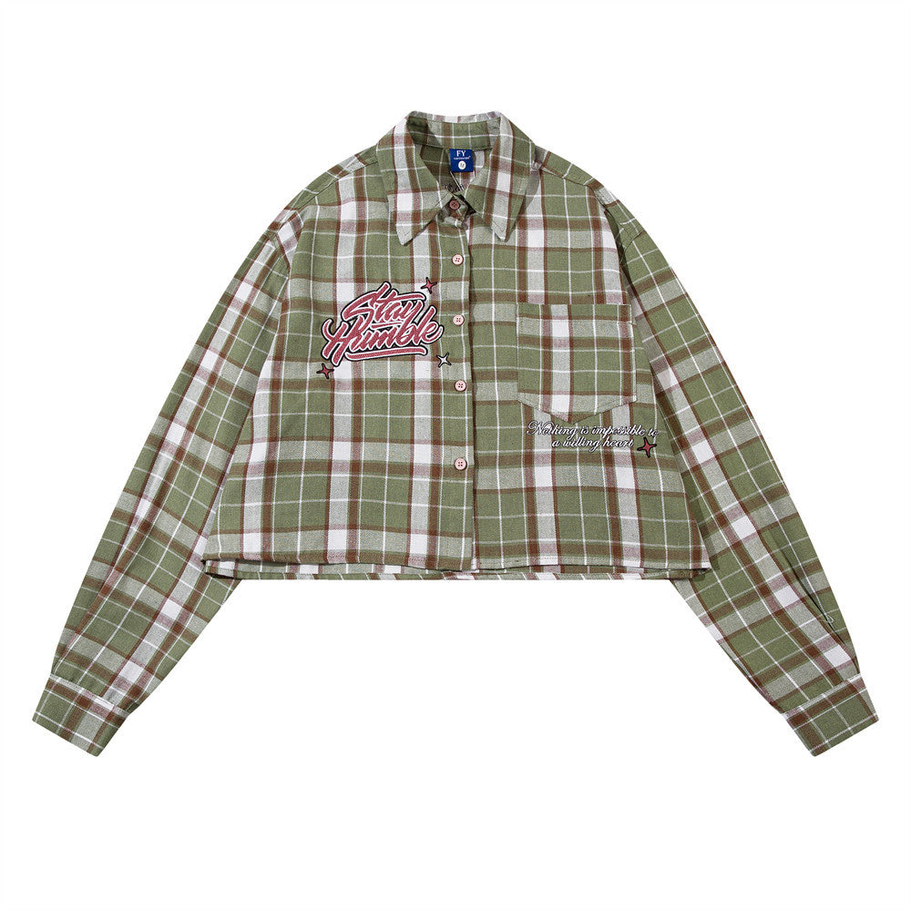 Spring And Autumn Loose Long Sleeve Plaid Shirt Men's And Women's Embroidered Letters