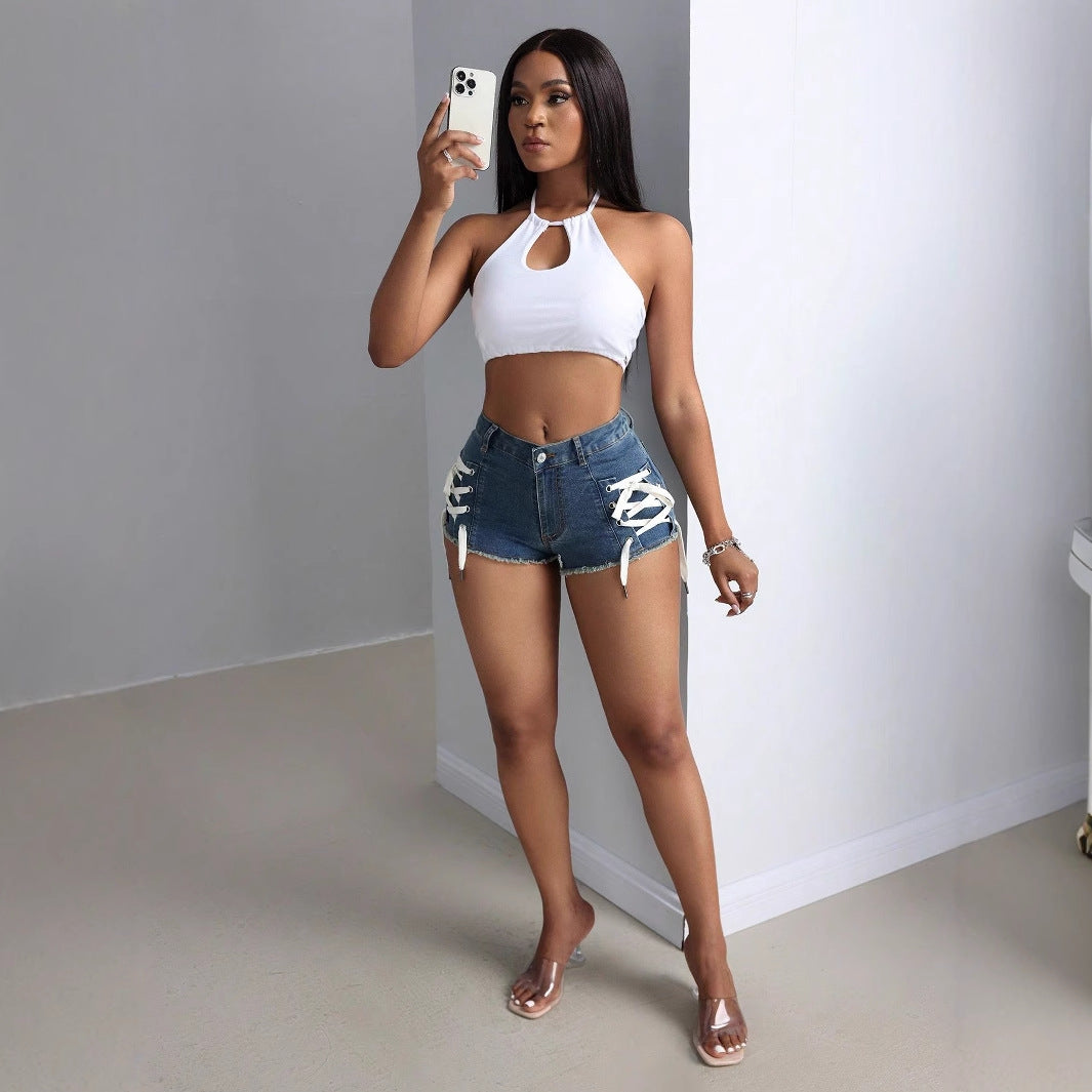 Womens Stylish Slim-Fit Personalized Elastic Denim Shorts With Ties