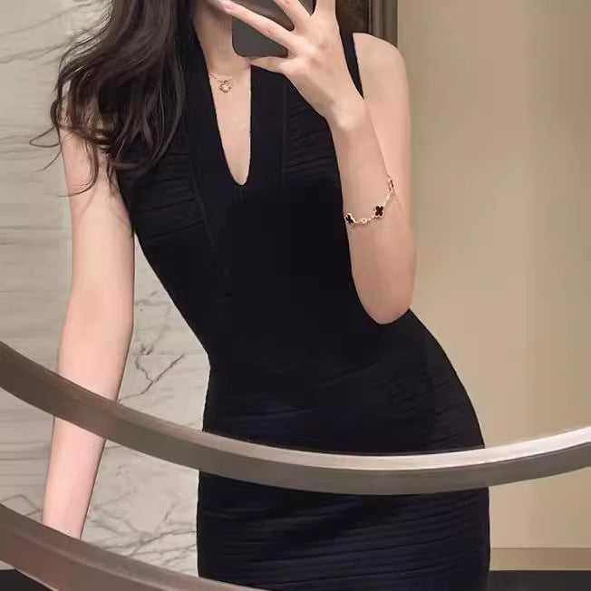 Womens Sexy V-Neck Sleeveless Knitted Dress