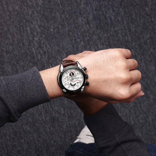 Multifunctional Watch Men's Leather Three-dimensional Dial Quartz Watch
