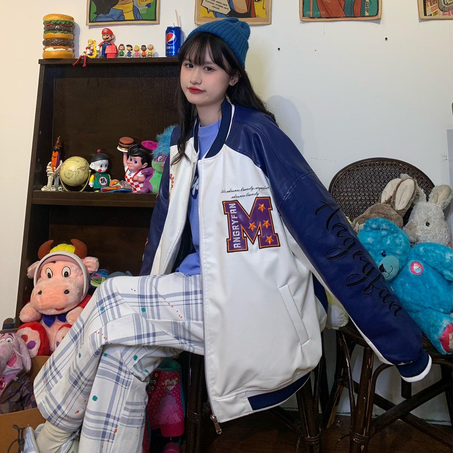 American Letter Embroidery Baseball Uniform PU Leather Jacket