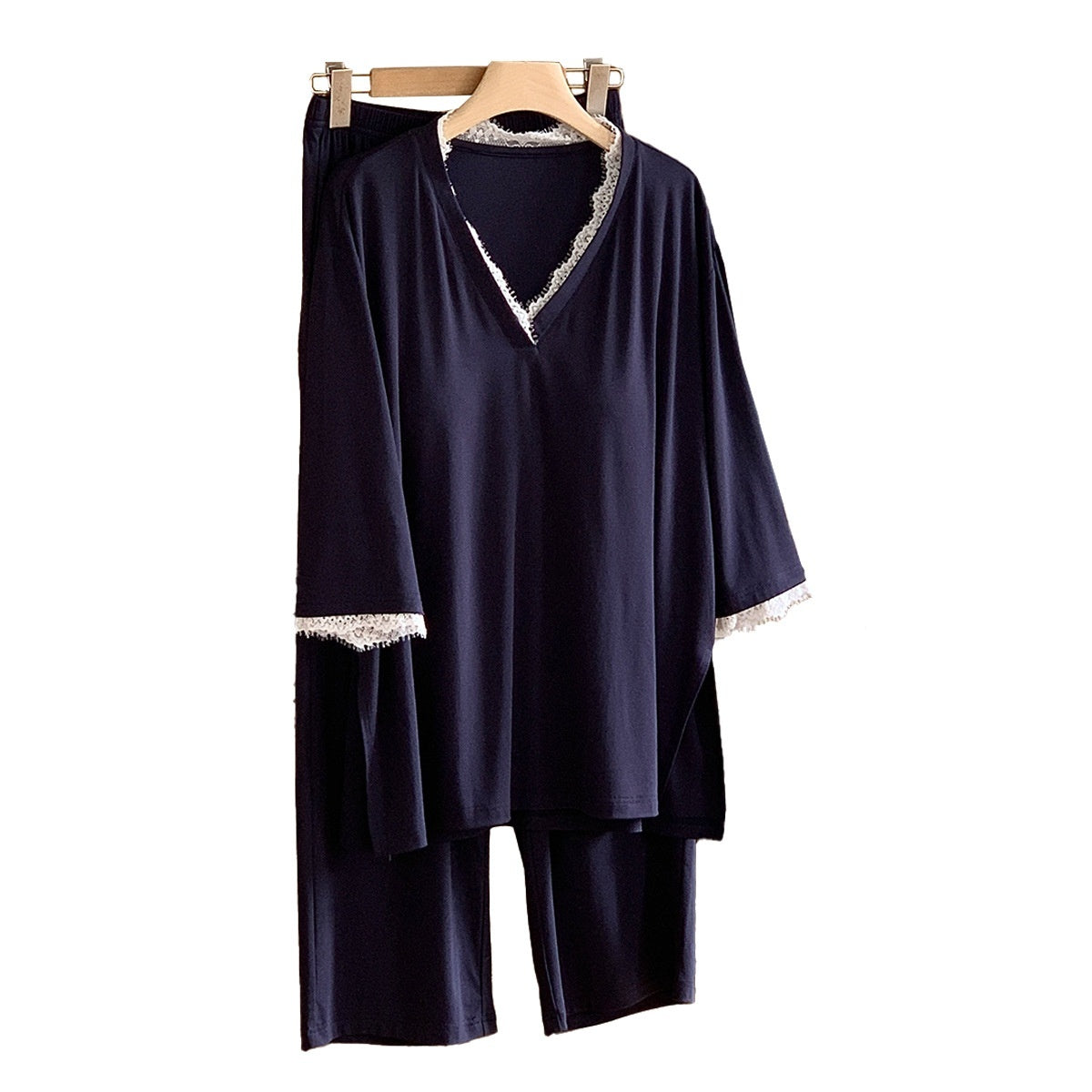Spring Summer V-Neck Pajama Set With Chest Pads Lace Luxurious Feel Comfortable And Skin-Friendly Loungewear