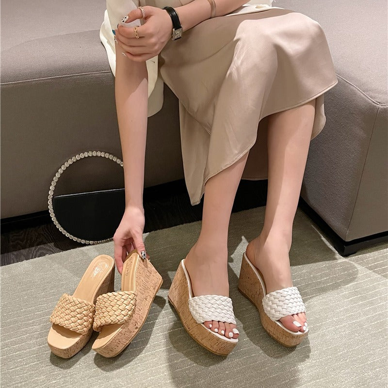 Wood Grain One-word Drag Square Head Woven Wedge Sandals And Slippers