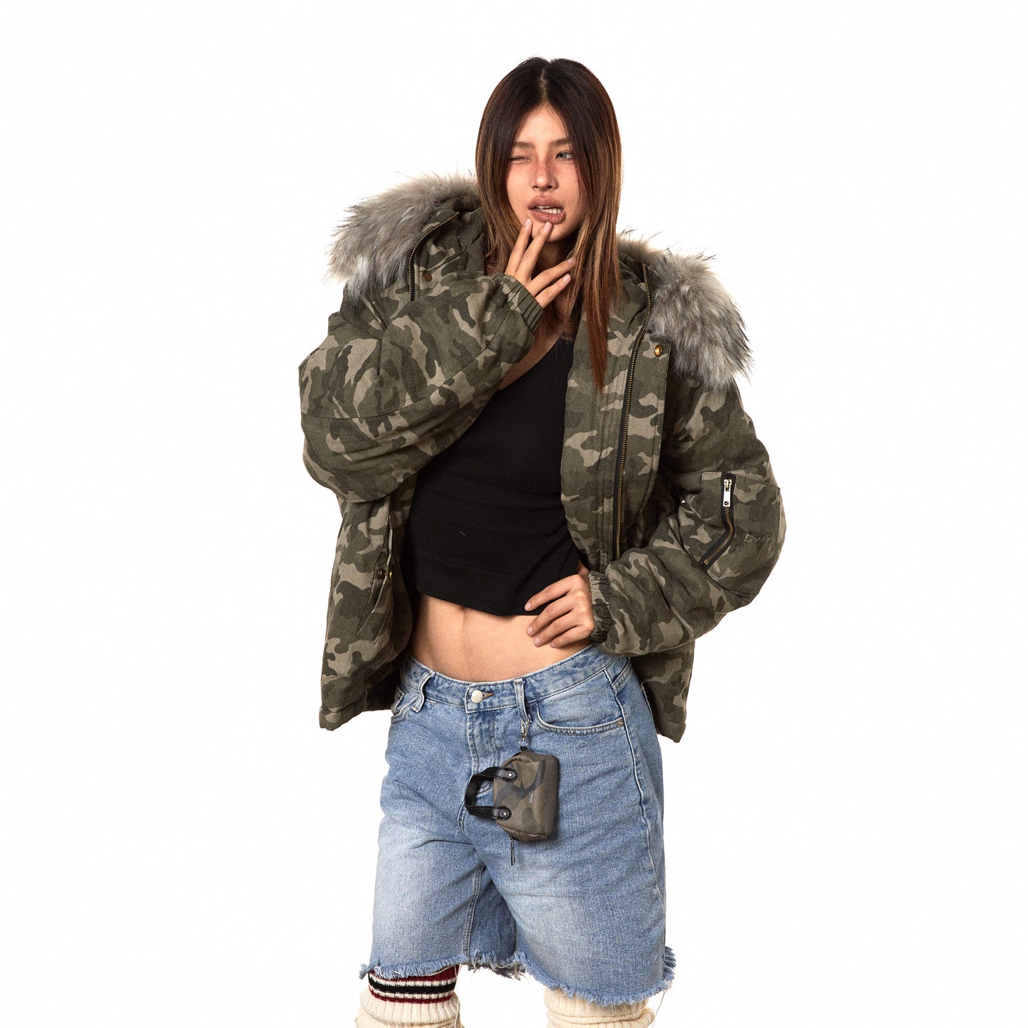 Hooded Loose Camouflage Fur Collar Detachable Cotton Jacket