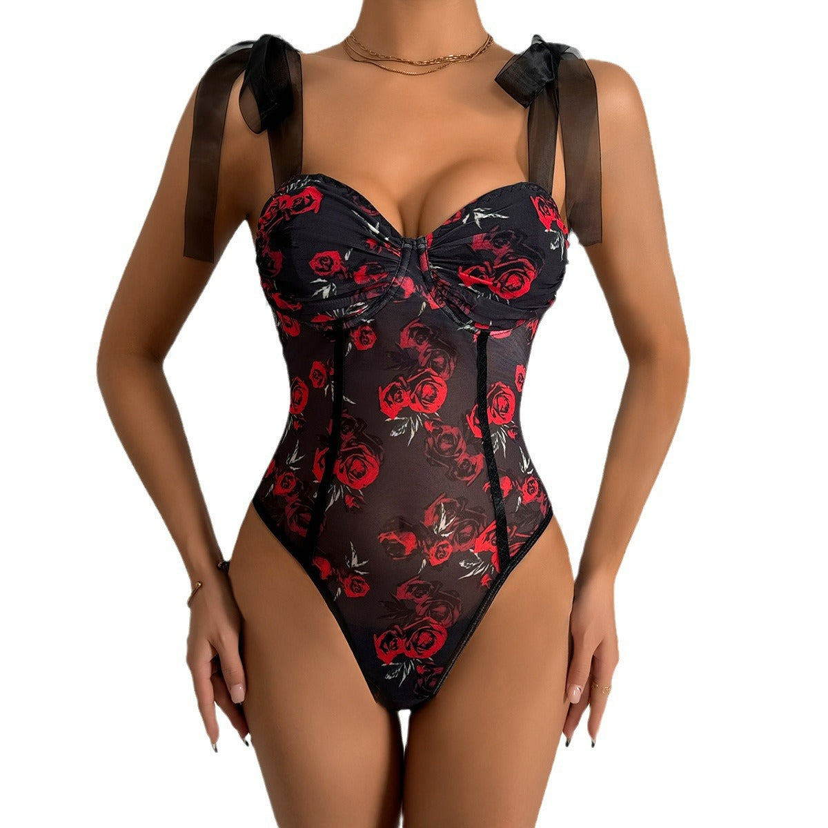 Womens Sexy Floral Printed Underwire Strappy Bodysuit