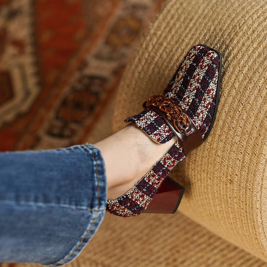 Women's Retro Square Toe Plaid High Heels