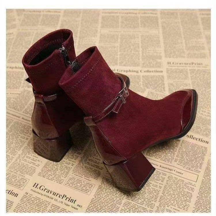 Retro French British Style Black Square Toe Leather Suede Ankle Side Zip Boots