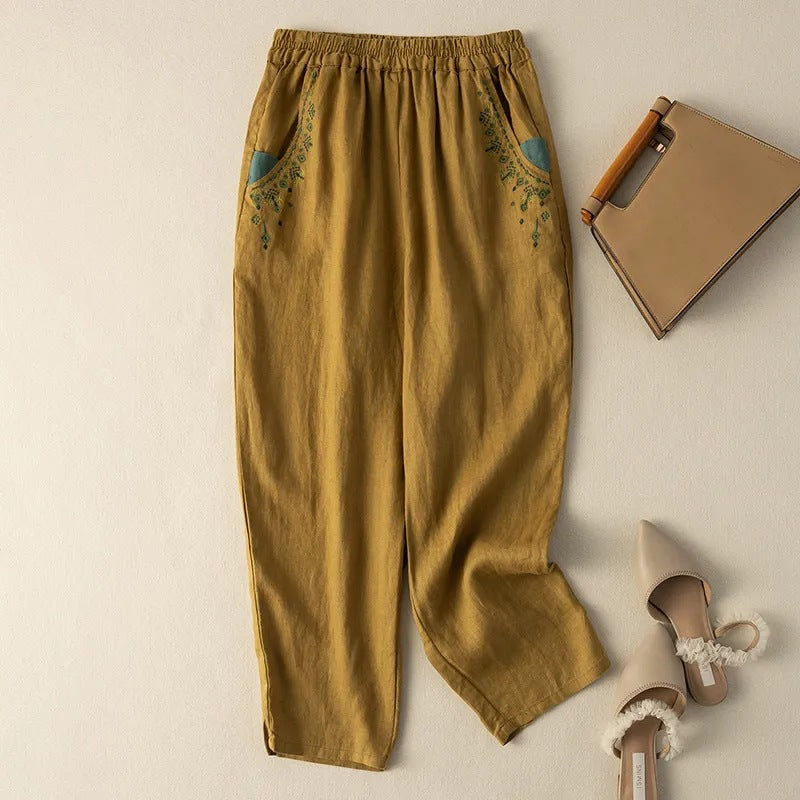 Cotton And Linen Embroidery Baggy Pants Pocket Loose All-matching