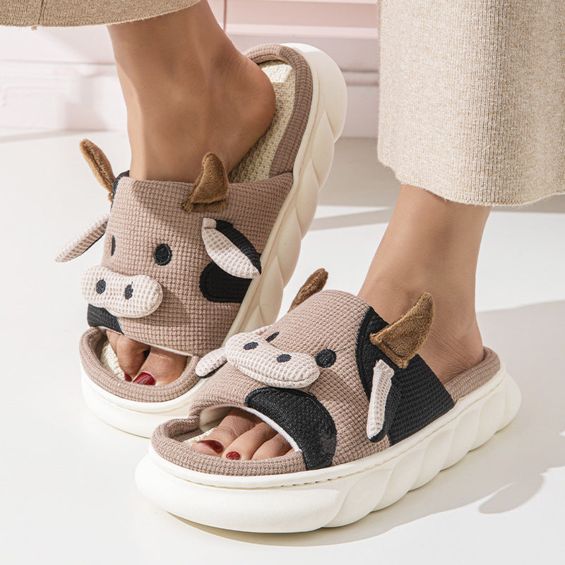 Cute Cow Linen Shit Feeling Interior Non-slip Deodorant Outer Wear Platform Slippers