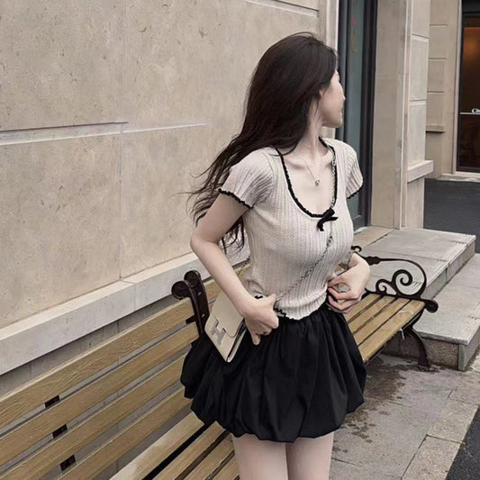 American Style Shoulder Contrast Color Lace Bow Ice Silk Knitted Short Sleeve