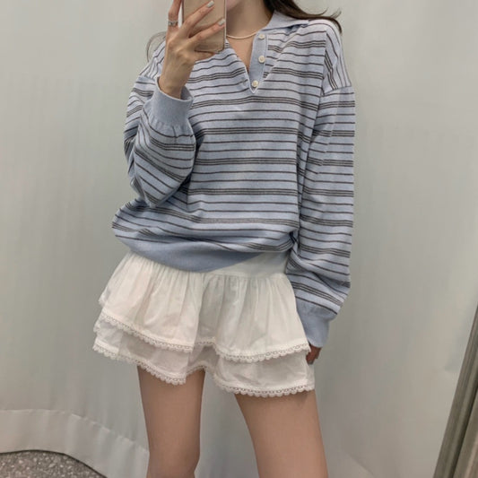 Blue Striped Sweater Women's Loose Long Sleeve Polo Collar Top
