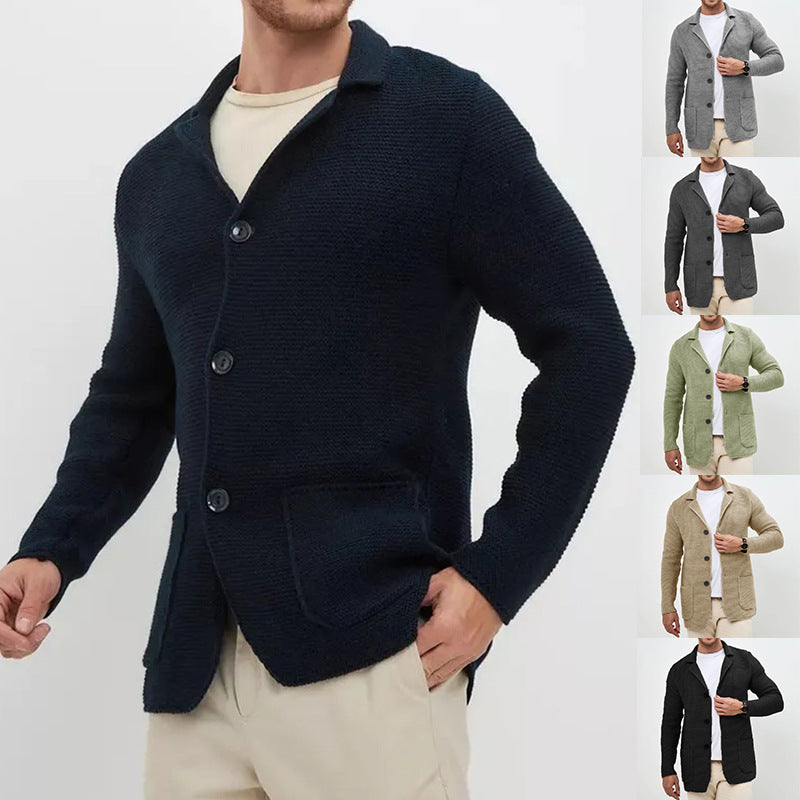 Ny Sweater Cardigan Herre Revers Strikket Jakkesæt Jakke
