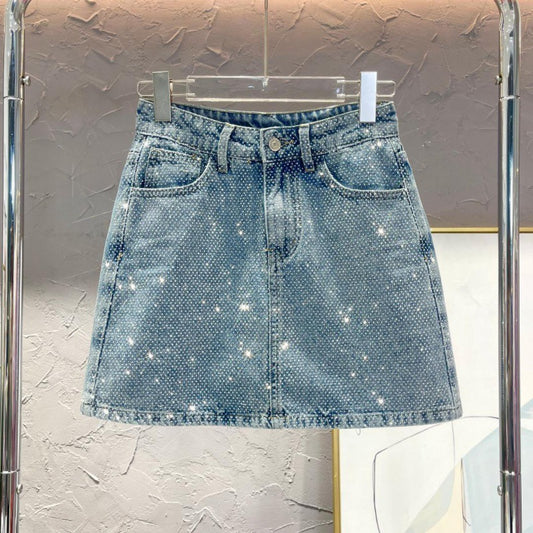 style Starry Hot Rhinestone Versatile Slimming Casual Denim Skirt For Women