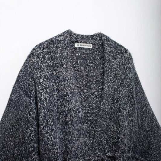 Women's Gray Drawstring Knitted Jacket Coat