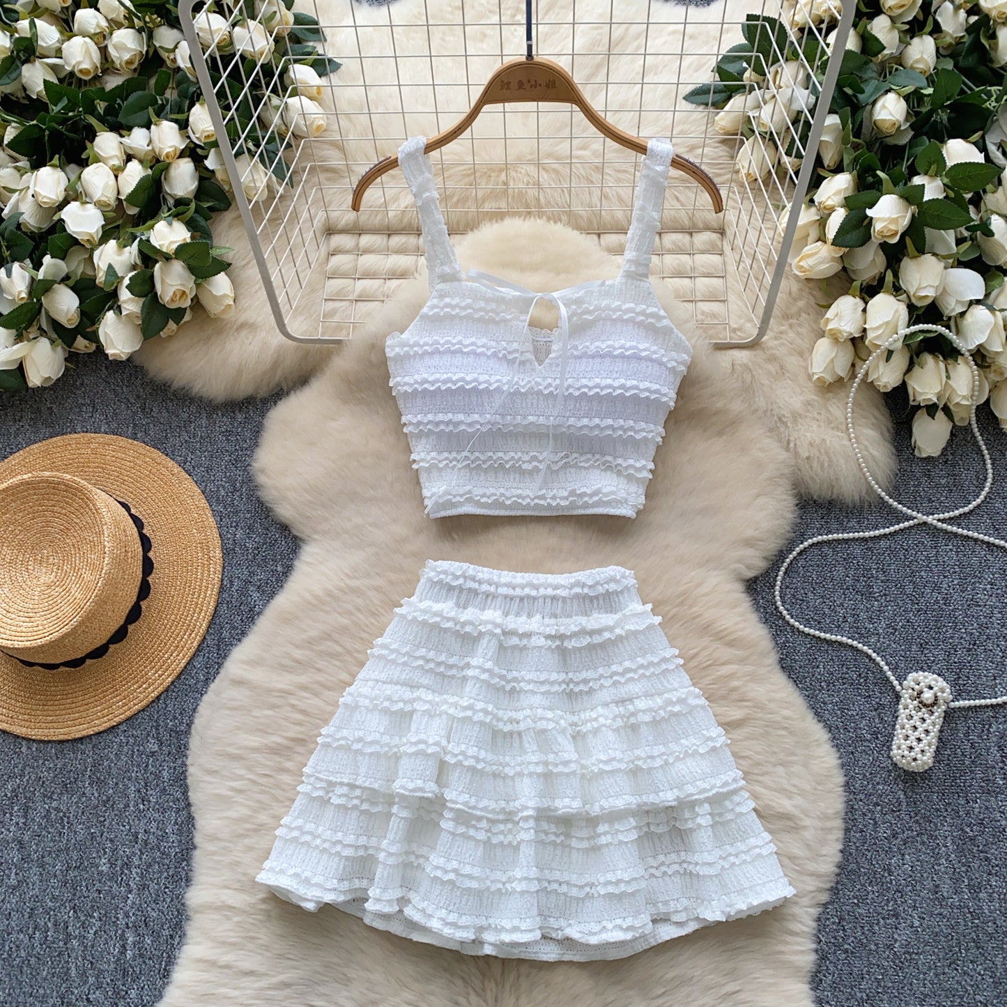 Square-neck Slip Dress With A High Waist Pleated Ruffled Hem