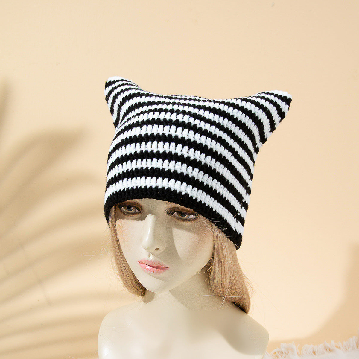 Women's Japanese Funny Little Devil Cat Ears Striped Knitted Woolen Cap