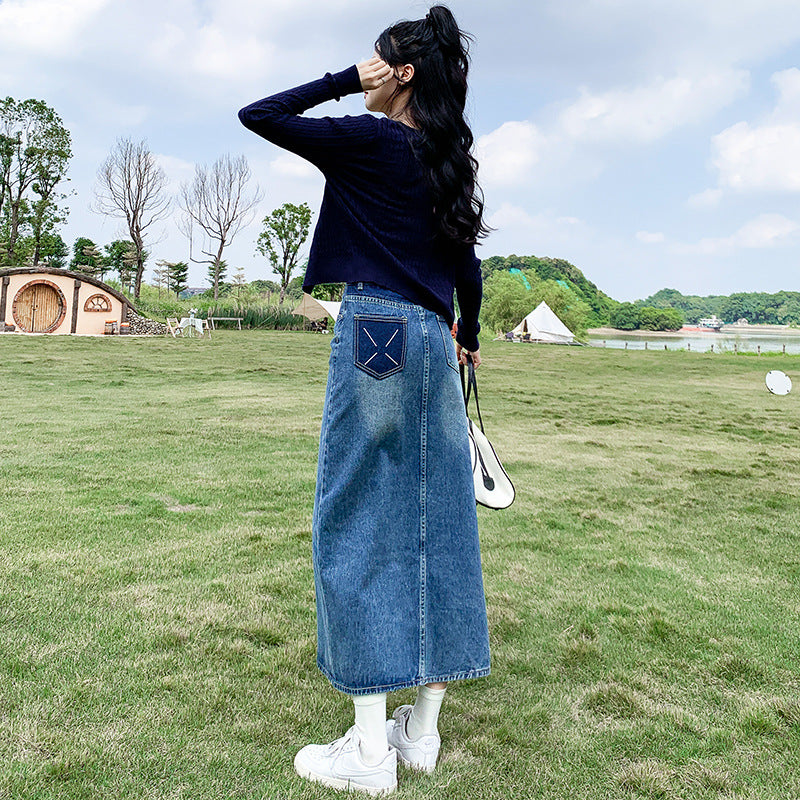 Front Slit High Waist Denim Skirt For Women