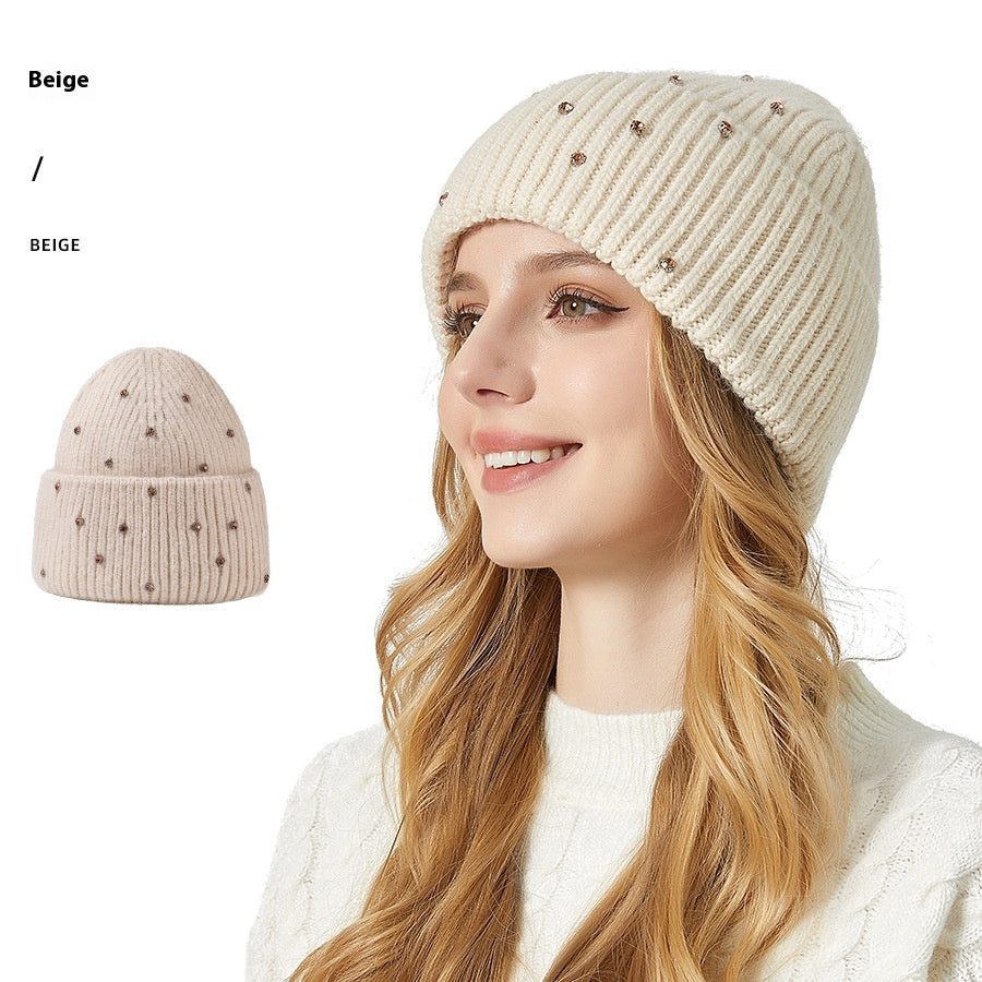Exquisite Rhinestone Angola Rabbit Fur Hat Thickened Elastic Knitted Hat