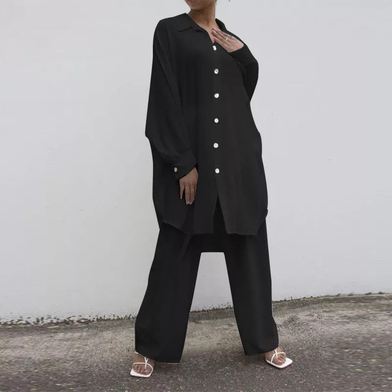 Shirt Solid Color Straight Leg Pants