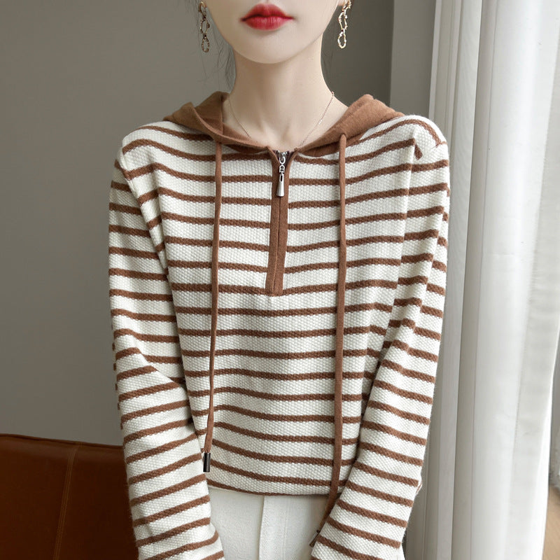 Women's Striped Hooded Long-sleeved Knitted Sweater
