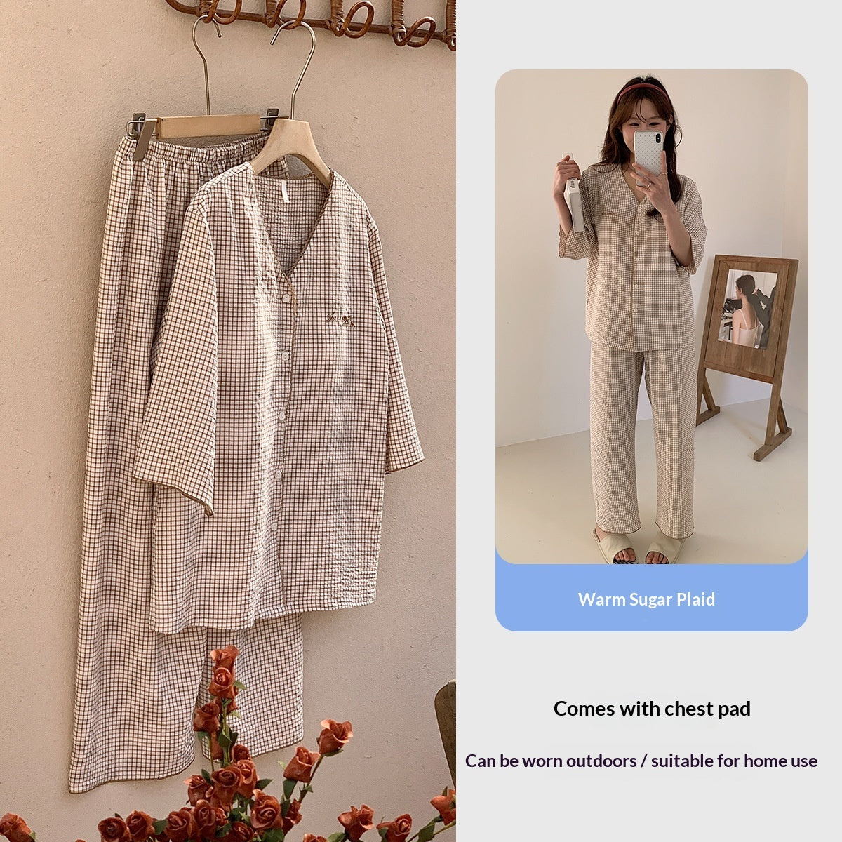 Cloud Cotton Plaid Homewear Womens Padded V-Neck Three-Quarter Sleeve Pants Outerwear-Ready Pajama Two-Piece Set