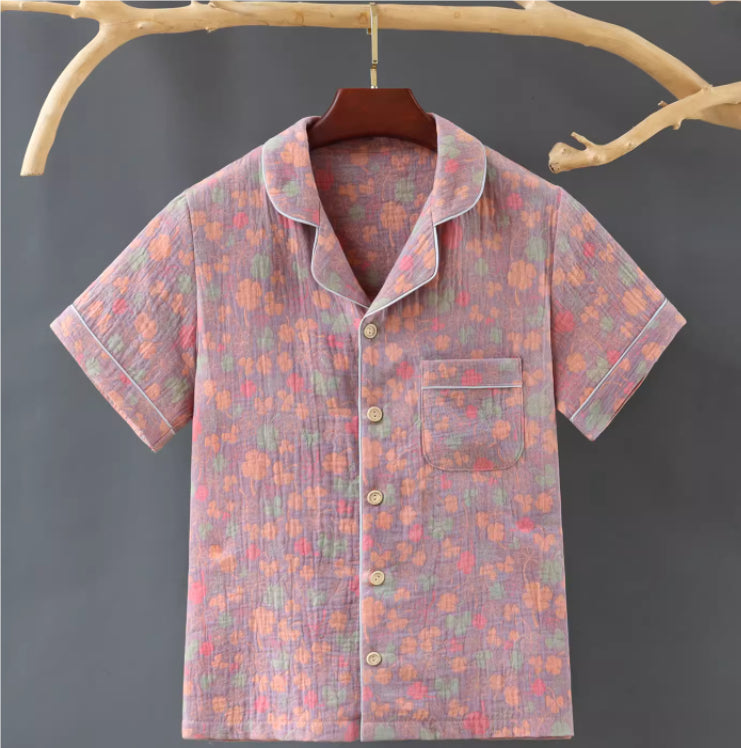 Chinese Style Pure Cotton Color Double-layer Cotton Yarn Short Sleeved Shirt