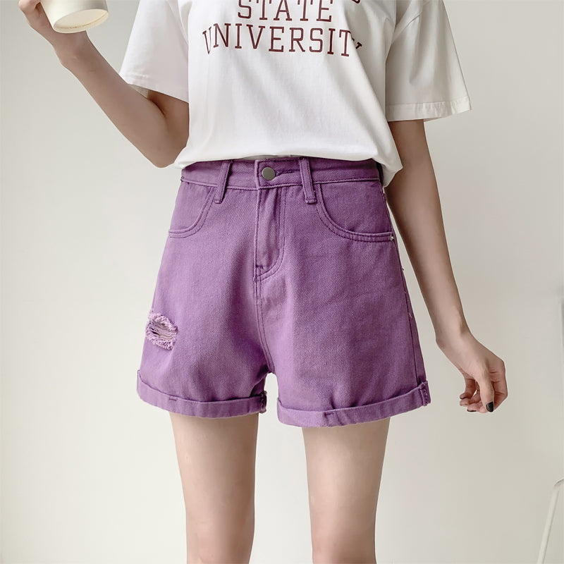 Purple Ripped Denim Shorts Women's High Waist Loose A- Line Wide Leg Pants
