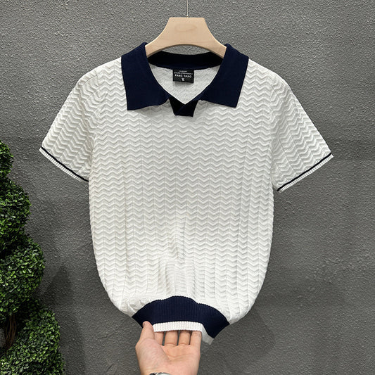Mens Collarless Ice Silk Contrast-Knit Sweater