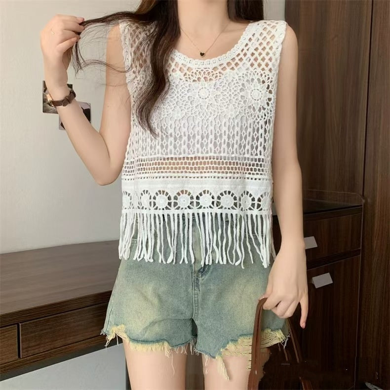 Women's Tassel Age-reducing Chiffon Patchwork Lace V-neck Shirt