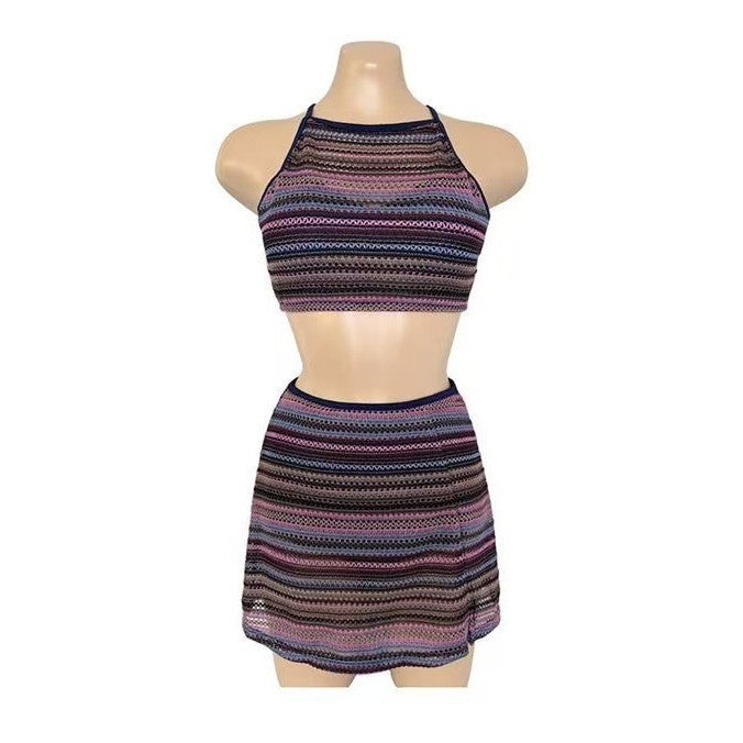 Striped Two-Piece Set With High-Waisted Design And Tummy-Contouring Top