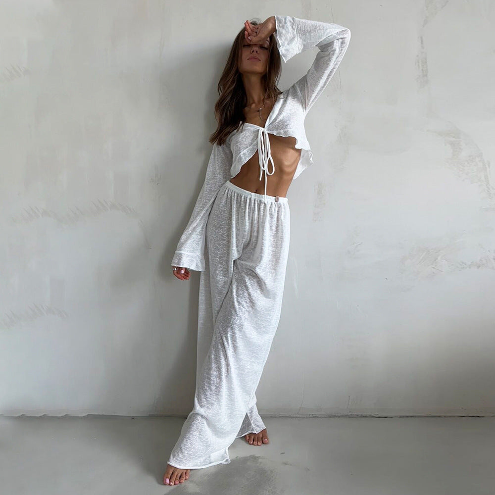 Womens Lace-Up Long-Sleeve Top And Pants Pajama Set
